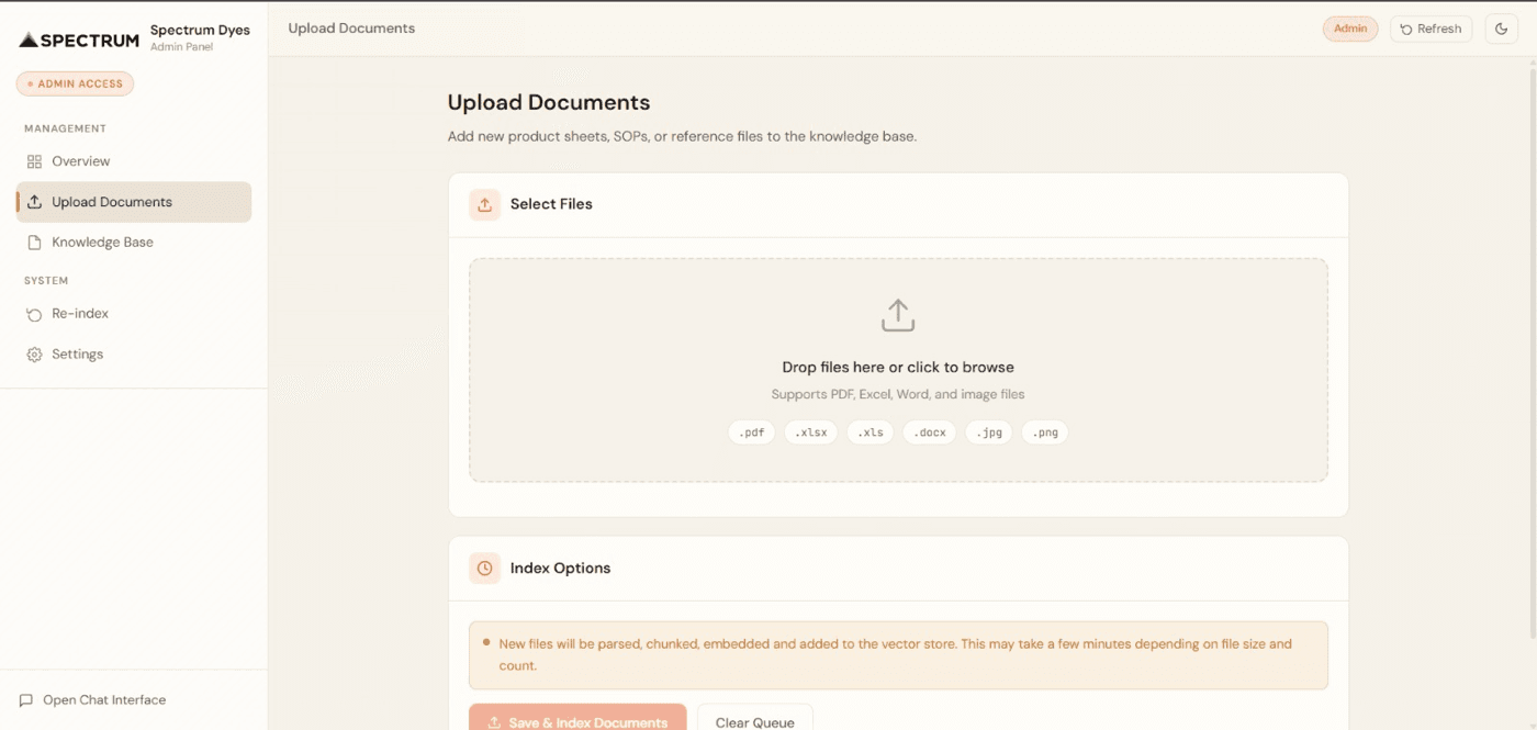 Admin upload panel for product sheets and SOPs