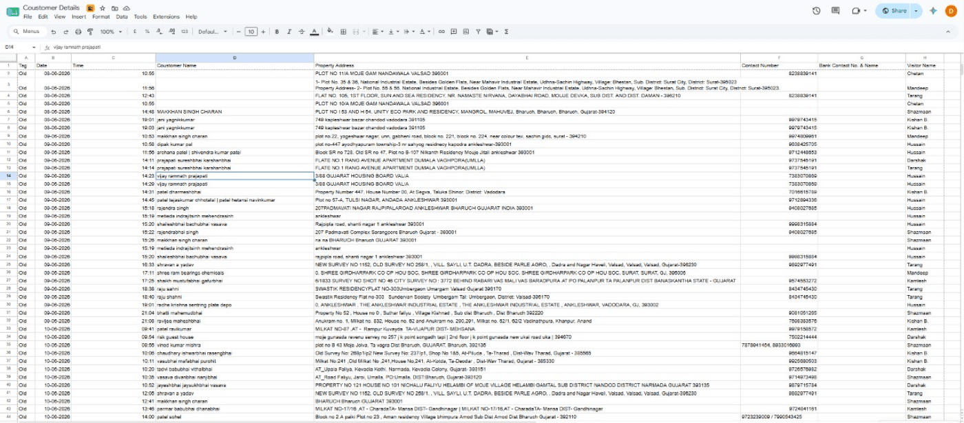 Live customer tracking sheet