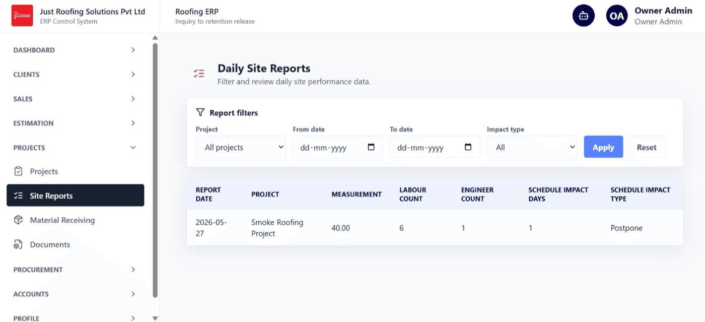 Daily site reports with measurements and labour