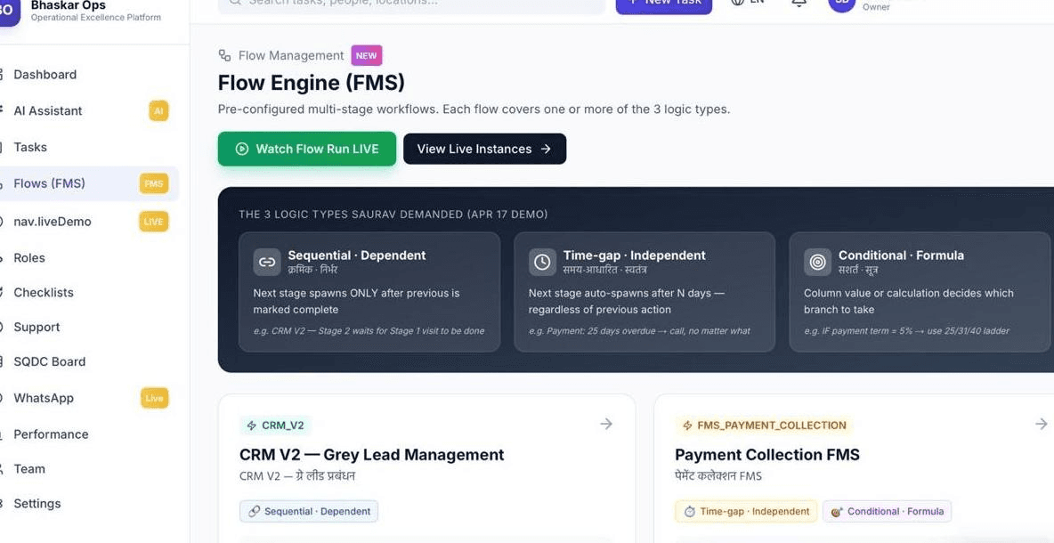 Flow engine across live operations