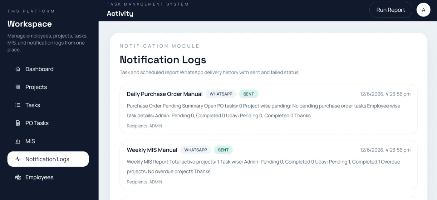 WhatsApp notification logs and reports